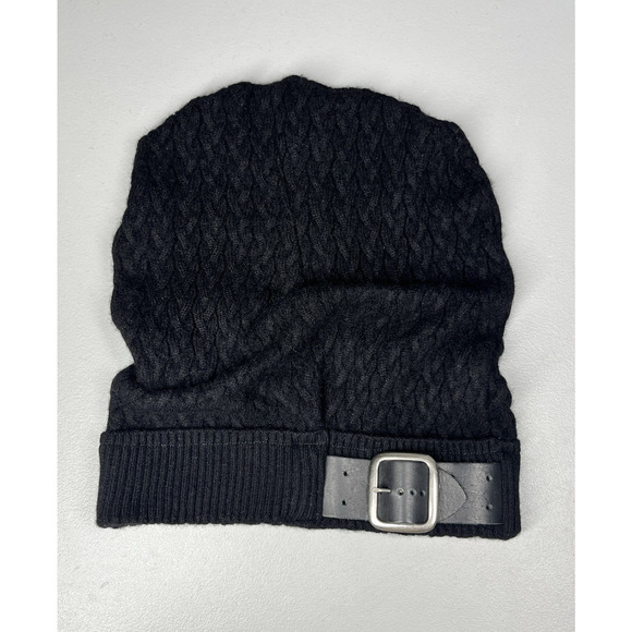 Cable Knit Cashmere Slouchy Beanie Hat OS Black Buckle Designer Luxury Made USA - Picture 1 of 7